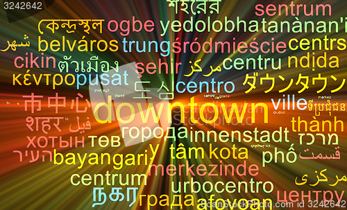 Image of Downtown multilanguage wordcloud background concept glowing