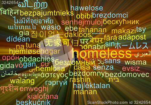 Image of Homeless multilanguage wordcloud background concept glowing