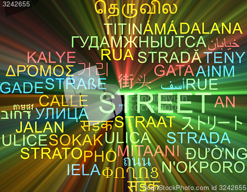 Image of Street multilanguage wordcloud background concept glowing