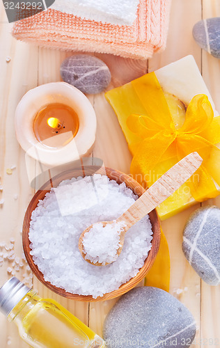 Image of sea salt, soap and towels