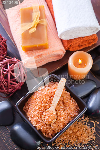 Image of sea salt, soap and towels