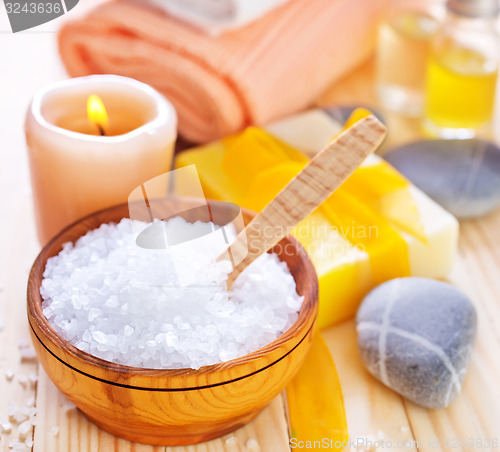 Image of sea salt, soap and towels