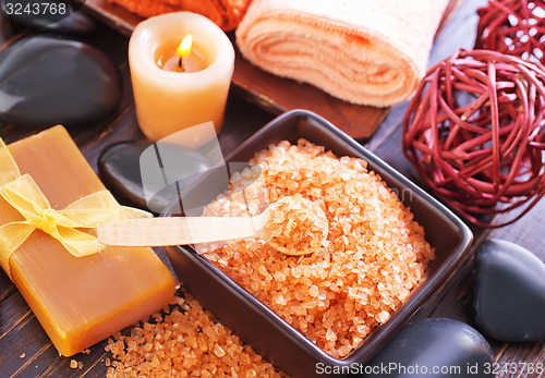 Image of sea salt, soap and towels