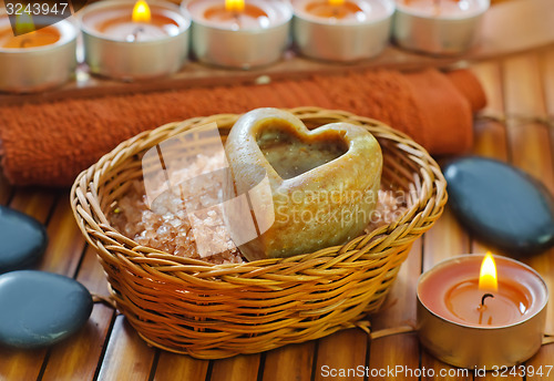 Image of sea salt, soap and towel