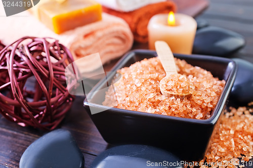 Image of sea salt, soap and towels