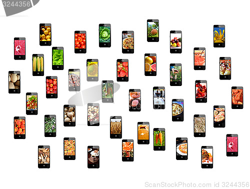 Image of Modern mobile phones with different images