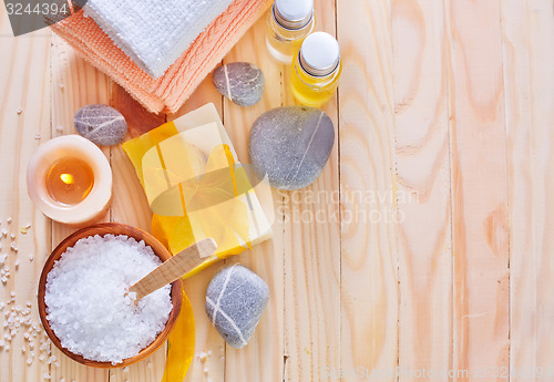 Image of sea salt, soap and towels