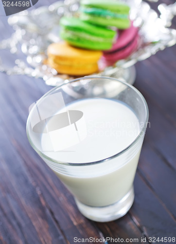 Image of milk in glass and color macaroons