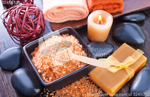 Image of sea salt, soap and towels