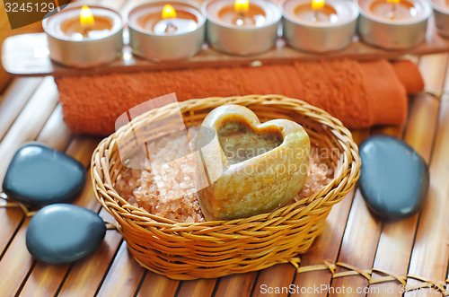 Image of sea salt, soap and towel