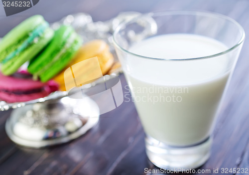 Image of milk in glass and color macaroons