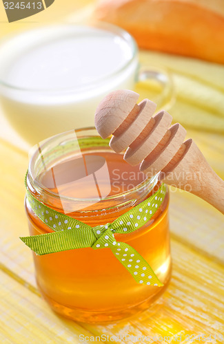 Image of honey,bread and milk
