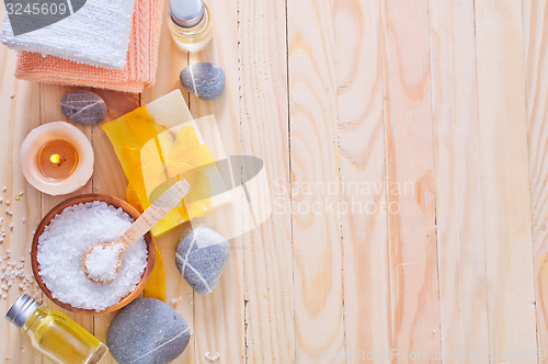 Image of sea salt, soap and towels