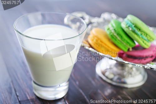 Image of milk in glass and color macaroons
