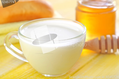Image of honey,bread and milk