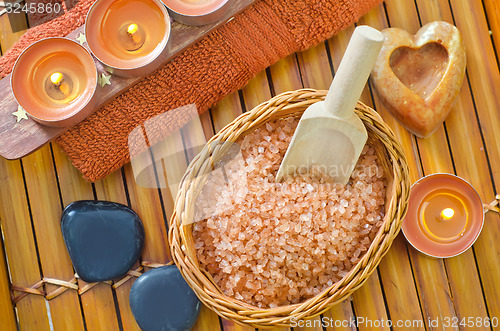 Image of sea salt, soap and towel
