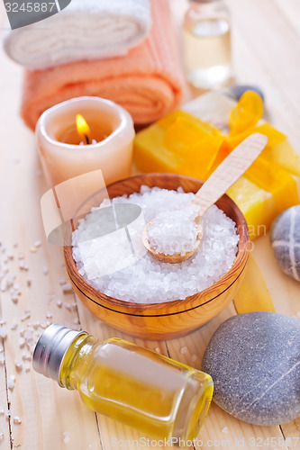 Image of sea salt, soap and towels