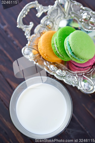 Image of milk in glass and color macaroons