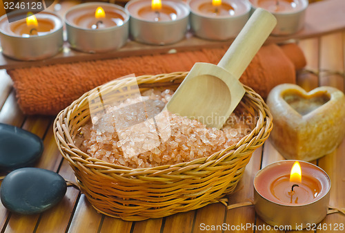 Image of sea salt, soap and towel