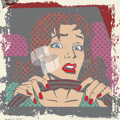 Image of  Scared woman driver behind the wheel of a car pop art comics re