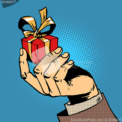 Image of gift in his hand a small box pop art comics retro style Halftone