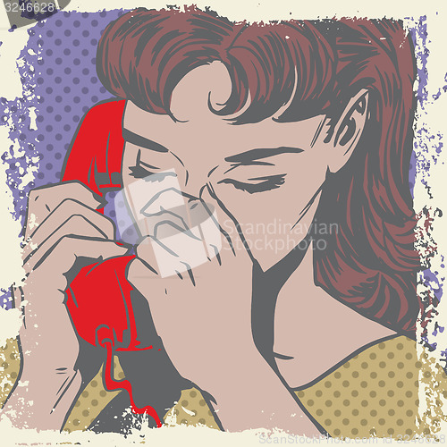 Image of Woman talking on the phone sad pop art comics retro style Halfto