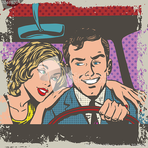 Image of Man and woman in the car pop art comics retro style Halftone