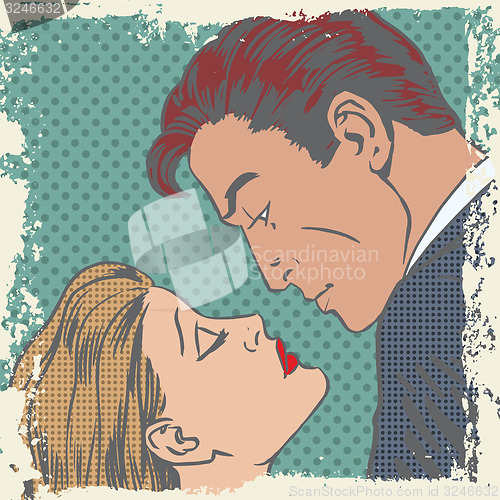 Image of man and woman about to kiss pop art comics retro style Halftone