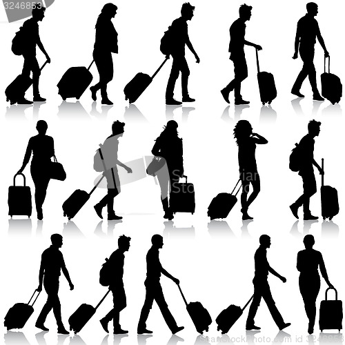 Image of Black silhouettes travelers with suitcases on white background. 