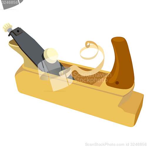 Image of Wooden plane, boards and a shaving on a white background. 