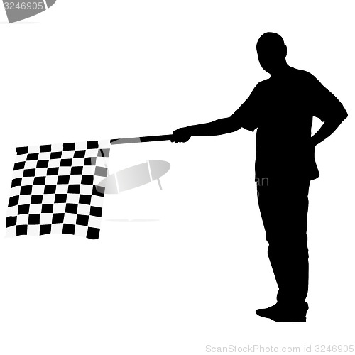 Image of Man waving at the finish of the black white, checkered flag. 