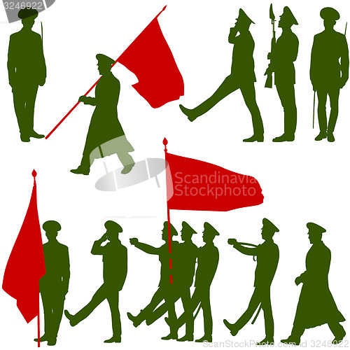 Image of Silhouette  military people  with flags collection.  