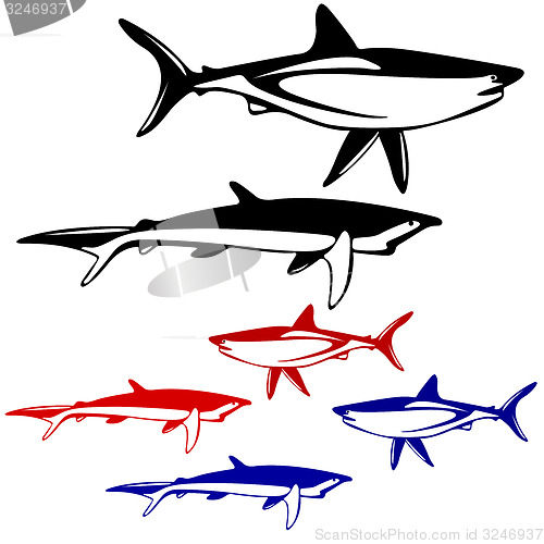 Image of Set shark,  black and white outline. illustration.