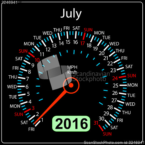 Image of 2016 year calendar speedometer car. July. illustration.