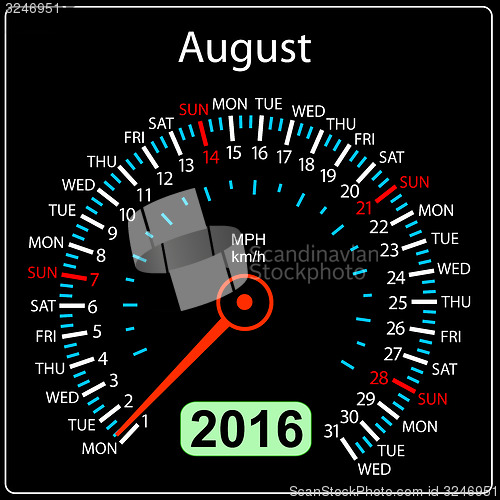 Image of 2016 year calendar speedometer car. August.  illustration.