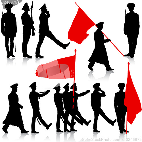 Image of Silhouette  military people  with flags collection.  