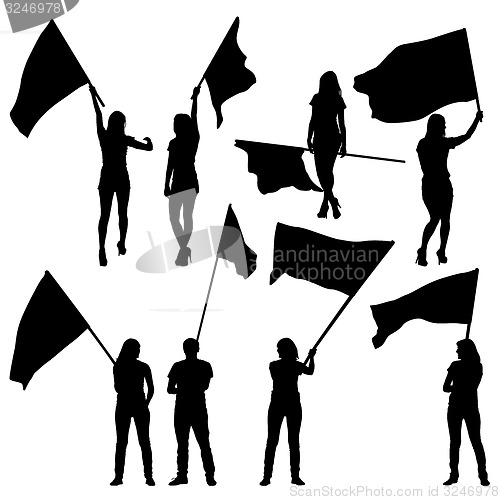 Image of Black silhouettes of  mans and womans with flags 