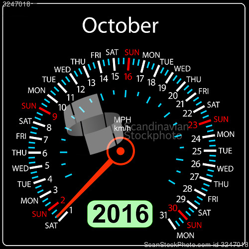 Image of 2016 year calendar speedometer car. October.  illustration.