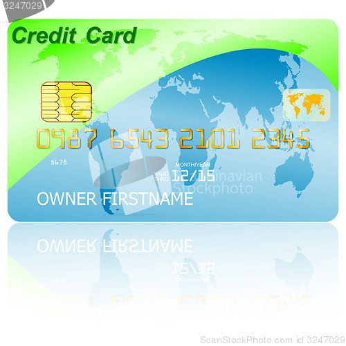 Image of Green credit card with shadow over wite background. 