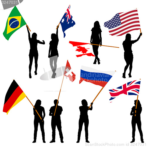 Image of Black silhouettes of  mans and womans with flags 