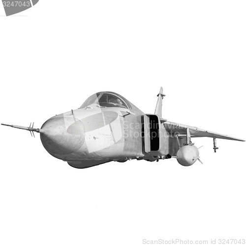 Image of Military jet bomber Su-24 Fencer flying a white background. 