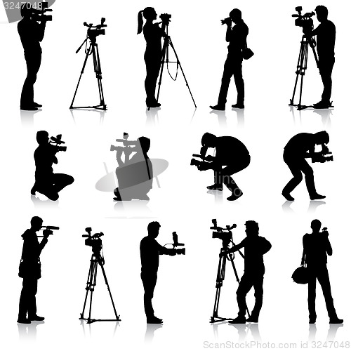 Image of Cameraman with video camera. Silhouettes on white background. 