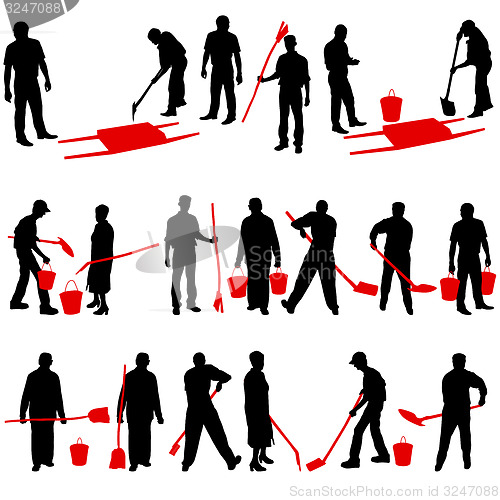 Image of Set of black silhouettes of men and women with shovels and 