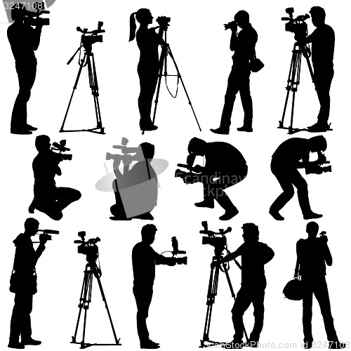 Image of Cameraman with video camera. Silhouettes on white background. 