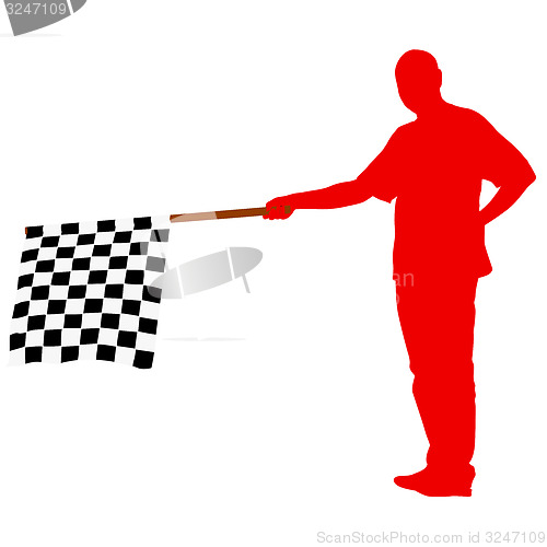 Image of Man waving at the finish of the black white, checkered flag. 