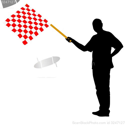 Image of Man waving at the finish of the red white, checkered flag. 