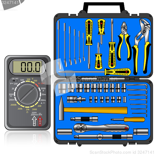 Image of Multimeter of black color and set of different tools  in a box 
