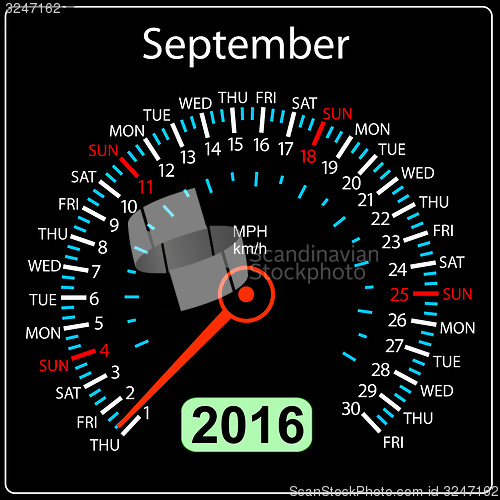 Image of 2016 year calendar speedometer car. September.  illustration.