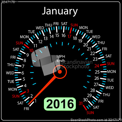 Image of 2016 year calendar speedometer car. January.  illustration.