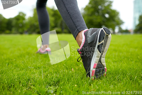 Image of close up of exercising woman legs on grass in park